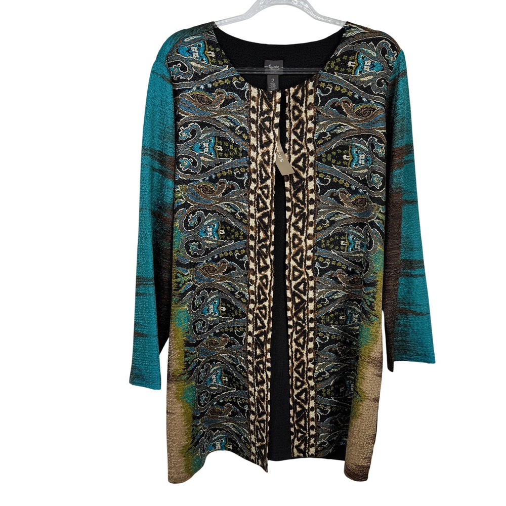 Chicos Travelers Crushed Artsy Jacket Womens 2 L 12 Brown Blue Green NEW